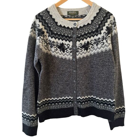 Eddie Bauer Women Nordic Sweater L Lambs Wool Cardigan Outdoors Holiday Designer - Picture 1 of 10